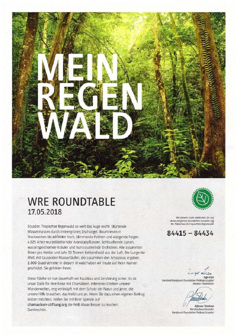 Regenwaldzertifikat für unseren Roundtable